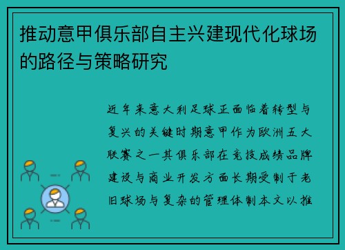 推动意甲俱乐部自主兴建现代化球场的路径与策略研究