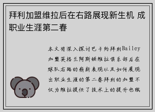 拜利加盟维拉后在右路展现新生机 成职业生涯第二春 拜利加盟维拉后在右路展现新生机 成职业生涯第二春