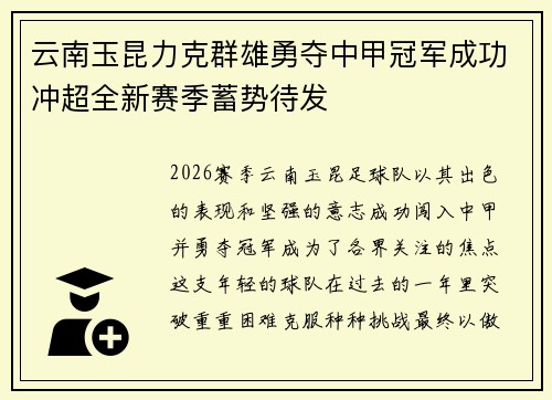 云南玉昆力克群雄勇夺中甲冠军成功冲超全新赛季蓄势待发