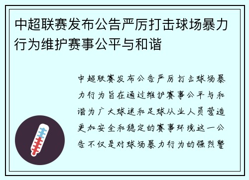 中超联赛发布公告严厉打击球场暴力行为维护赛事公平与和谐